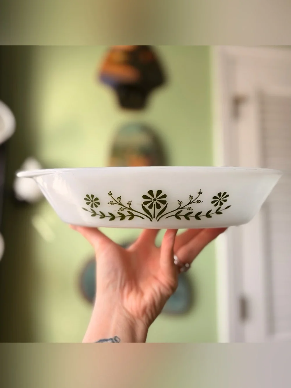 Milk Glass Green Floral Pattern Bakeware Divided Dish by Glasbake